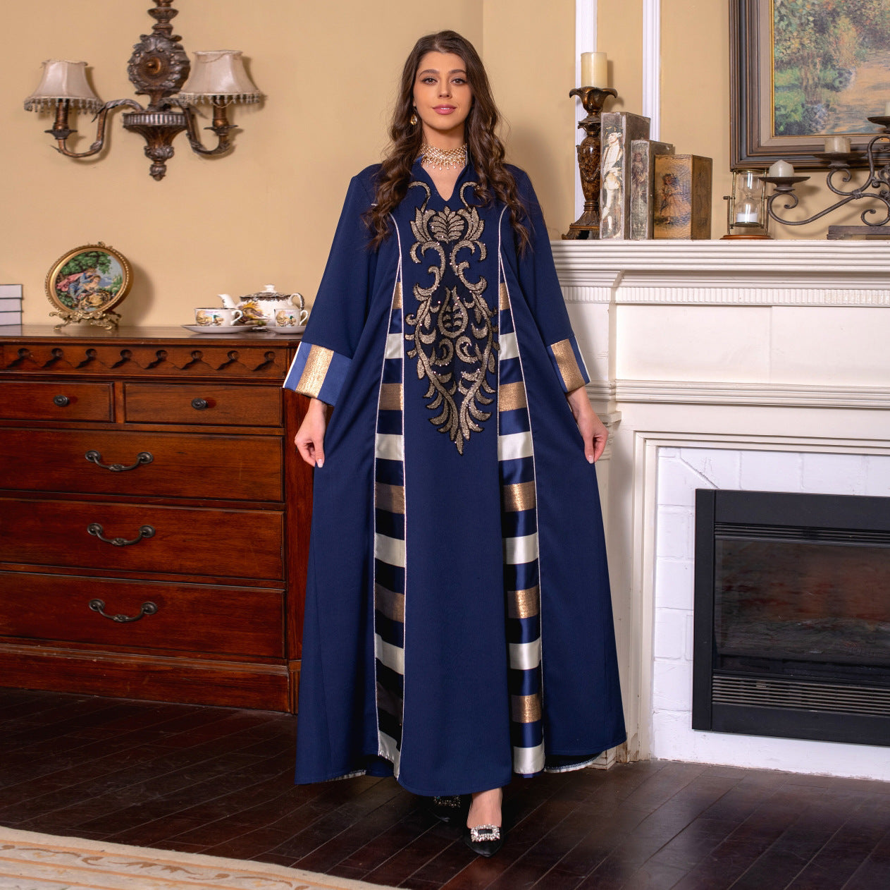 Women's Embroidered Striped Robe Dress