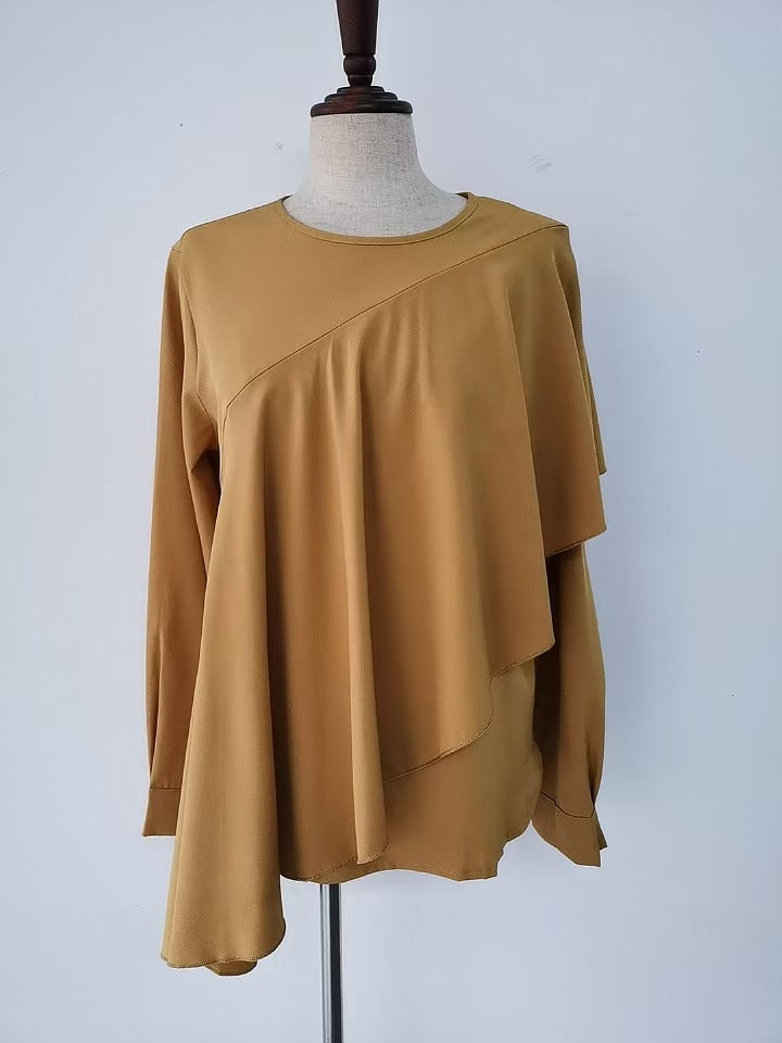 Ruffled Crewneck Solid Color Loose Long-sleeved Shirt