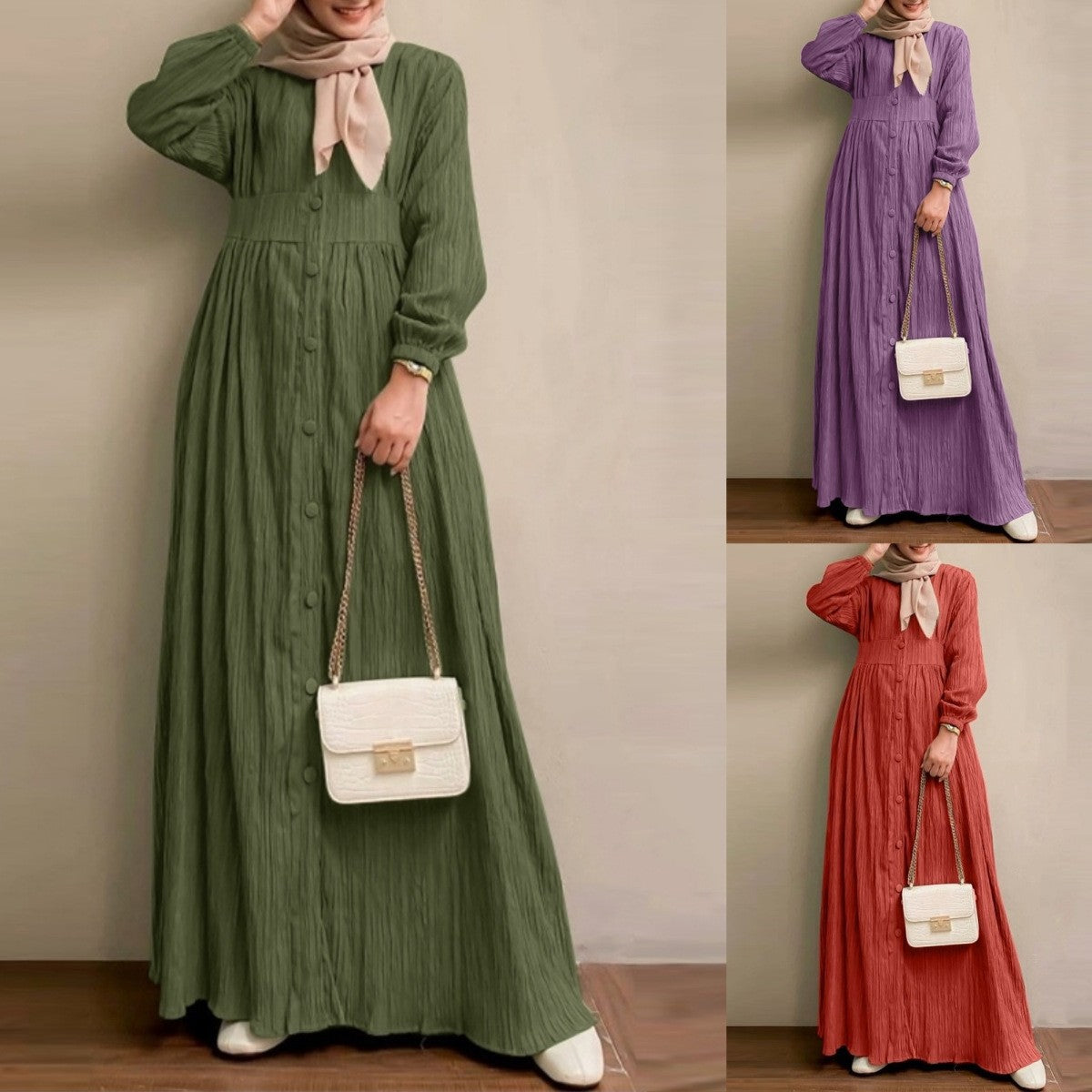 Women's Vintage Long-Sleeve Solid Color Dress
