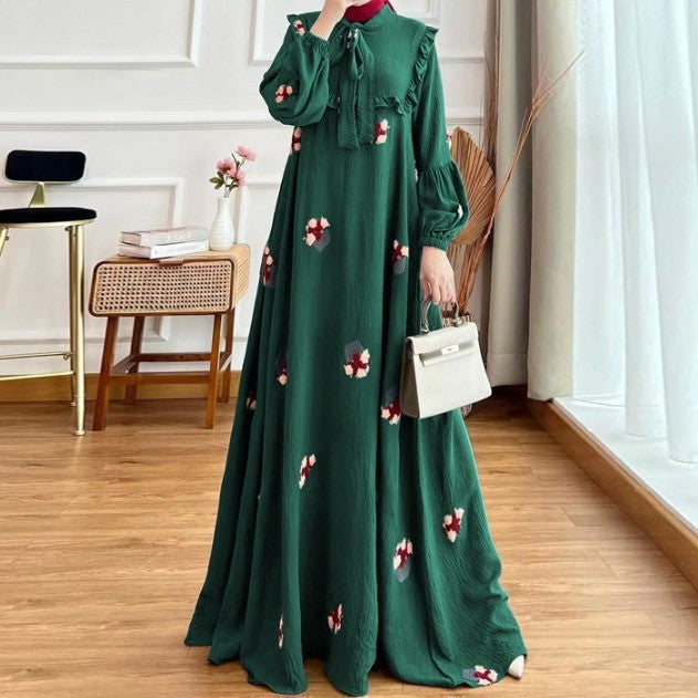 Embroidered Tie-necked Long-sleeved Elegant Dress