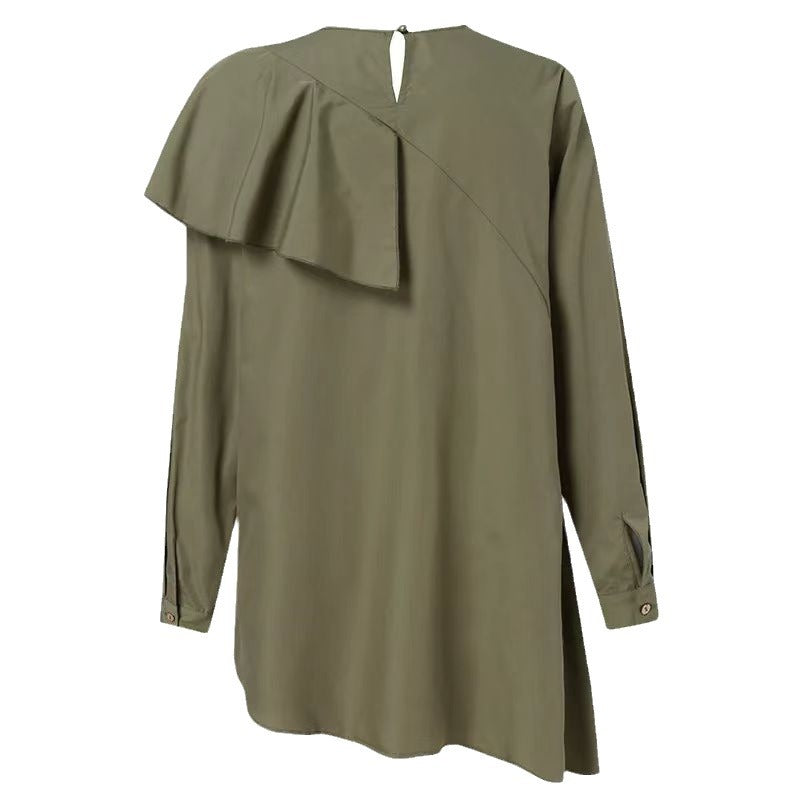 Ruffled Crewneck Solid Color Loose Long-sleeved Shirt