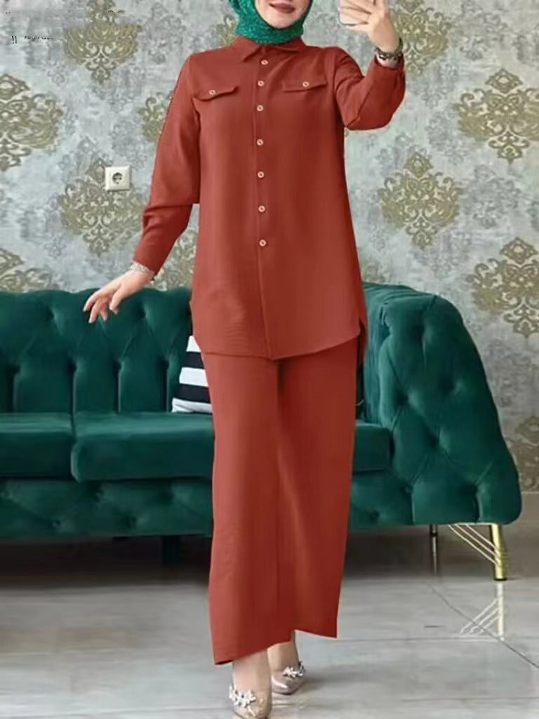 Women's Solid Color Shirt and Trousers Two-piece Suit