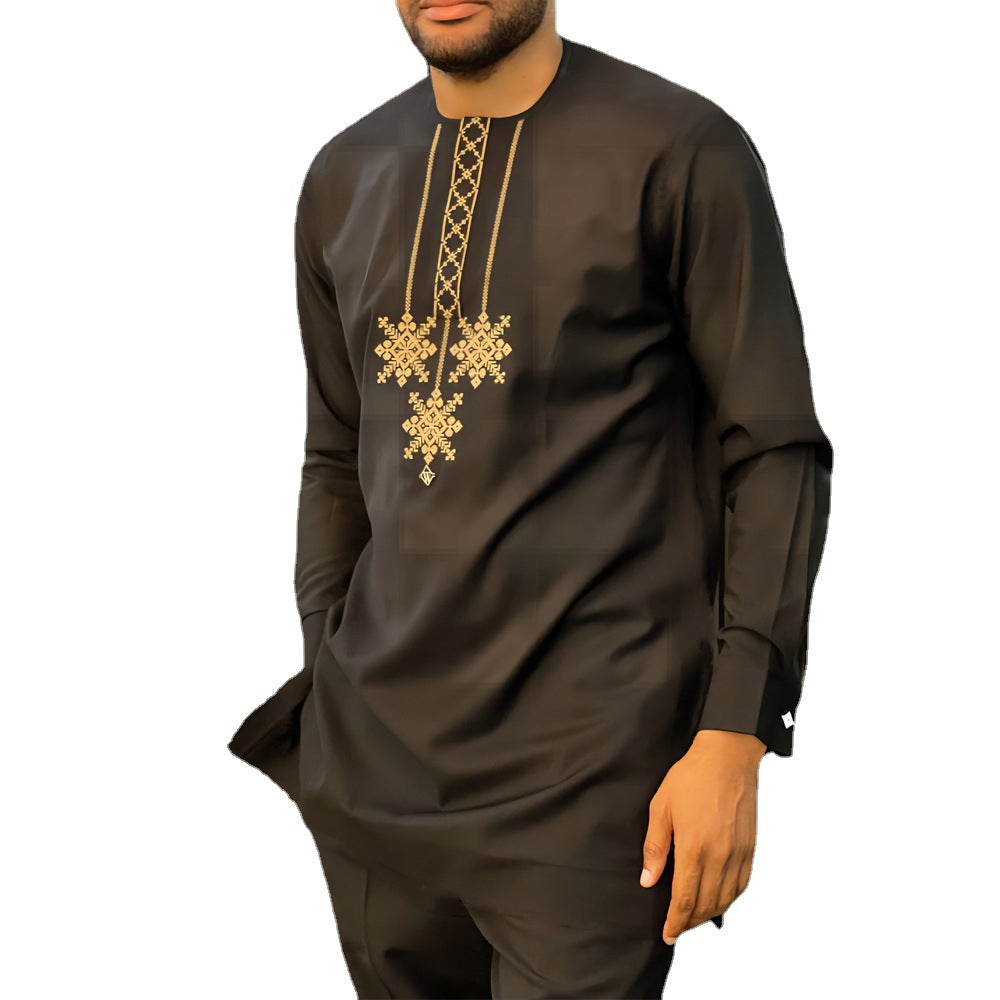 Men's Embroidered Shirt Drawstring Two Piece Suit