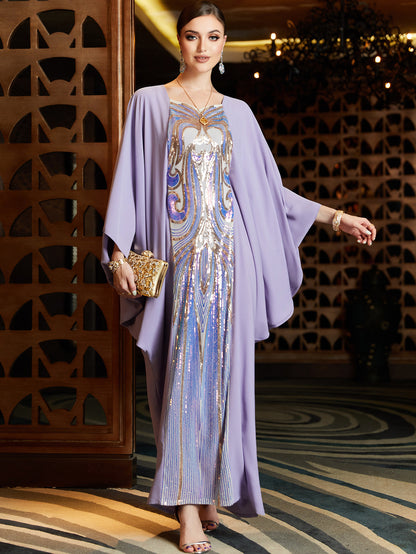 Sequin embroidered Cape Bat-shirt Abaya Party Dress