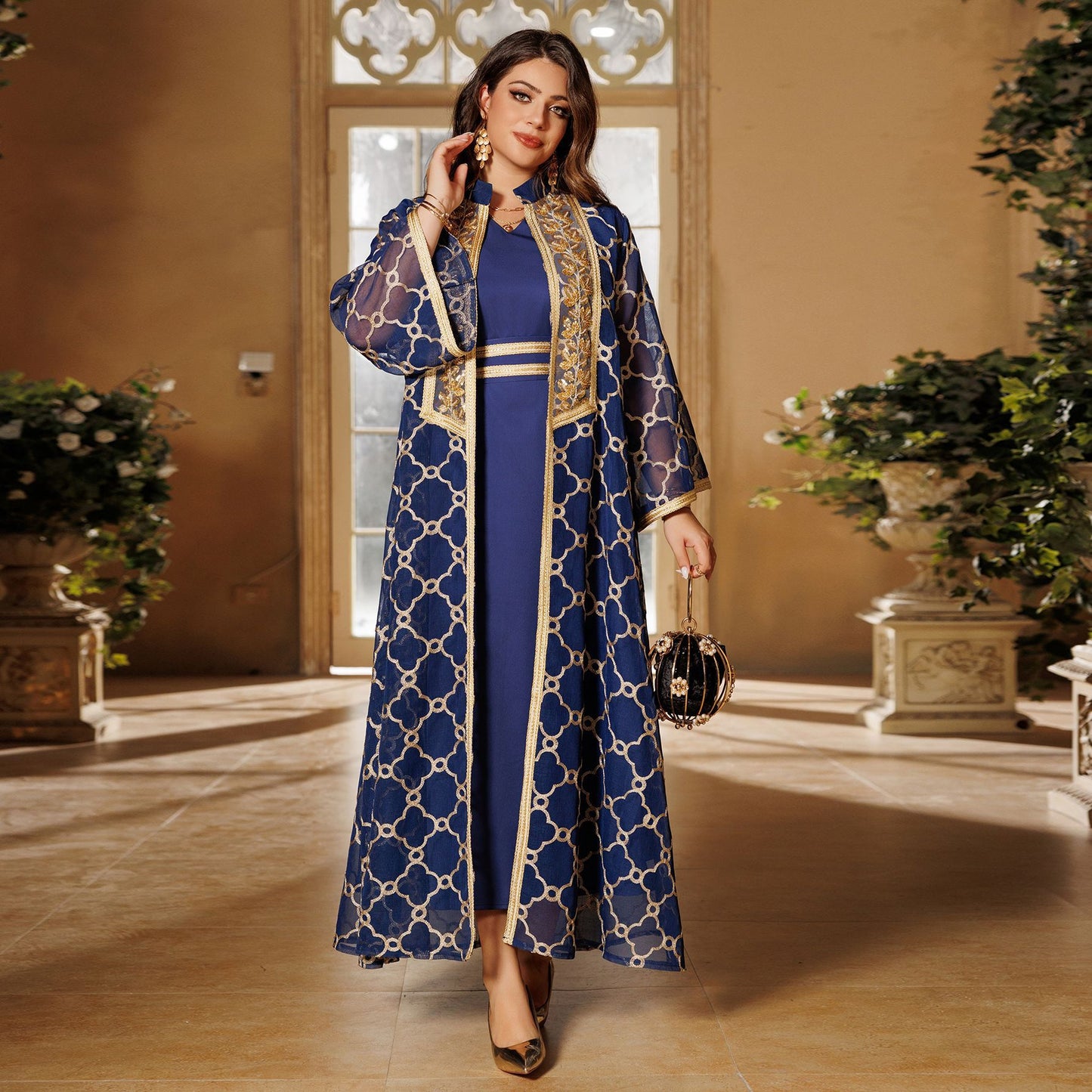 Women's Embroidered Vest Open Abaya Suit