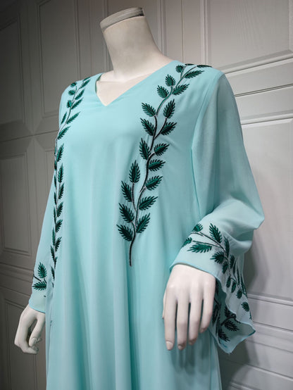 Chiffon Long Embroidered Crew Neck Dress with Scarf