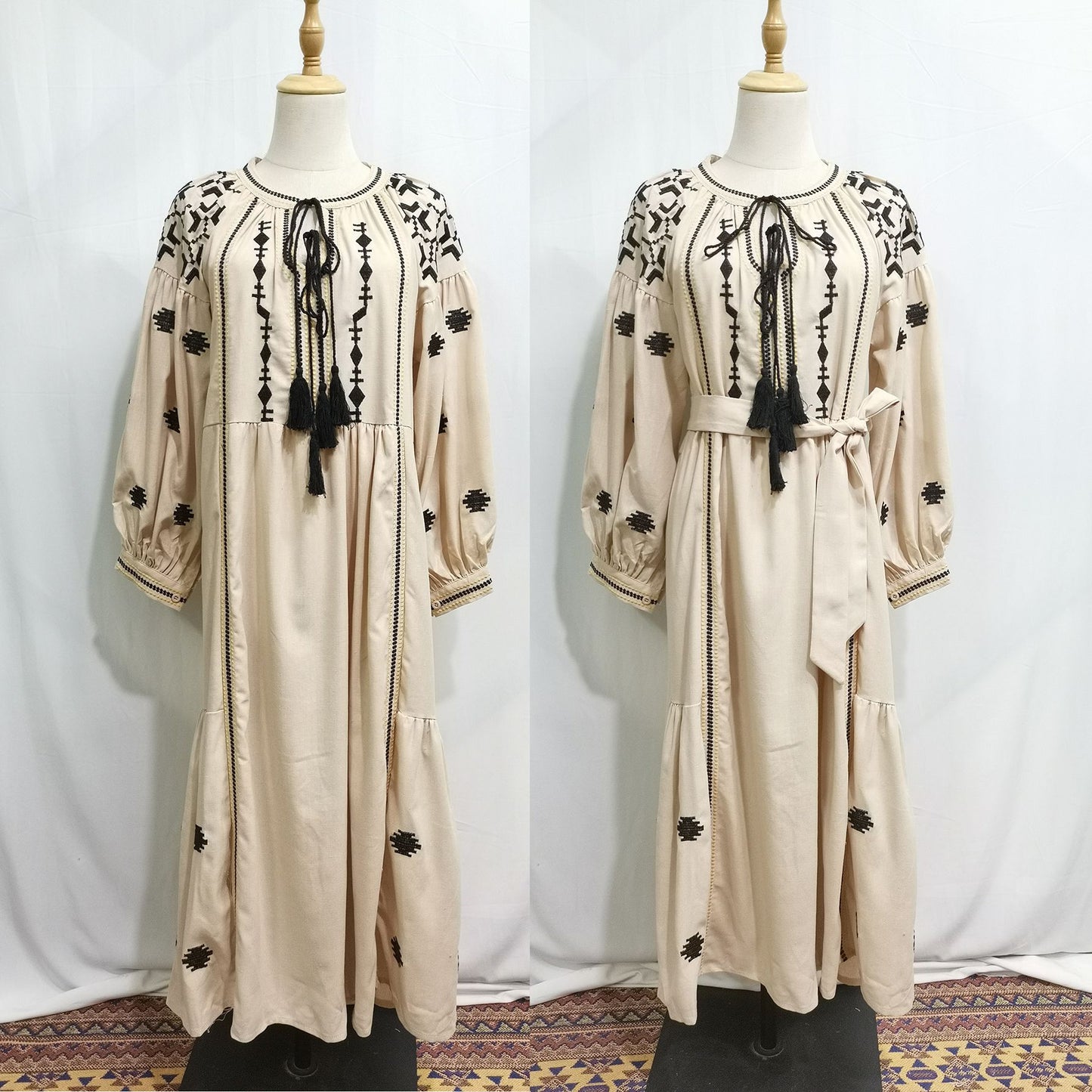 Women's Embroidered Cotton and Linen Balloon Sleeve Dress