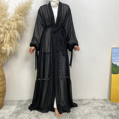 Solid Beaded Strappy Chiffon Cardigan Robe