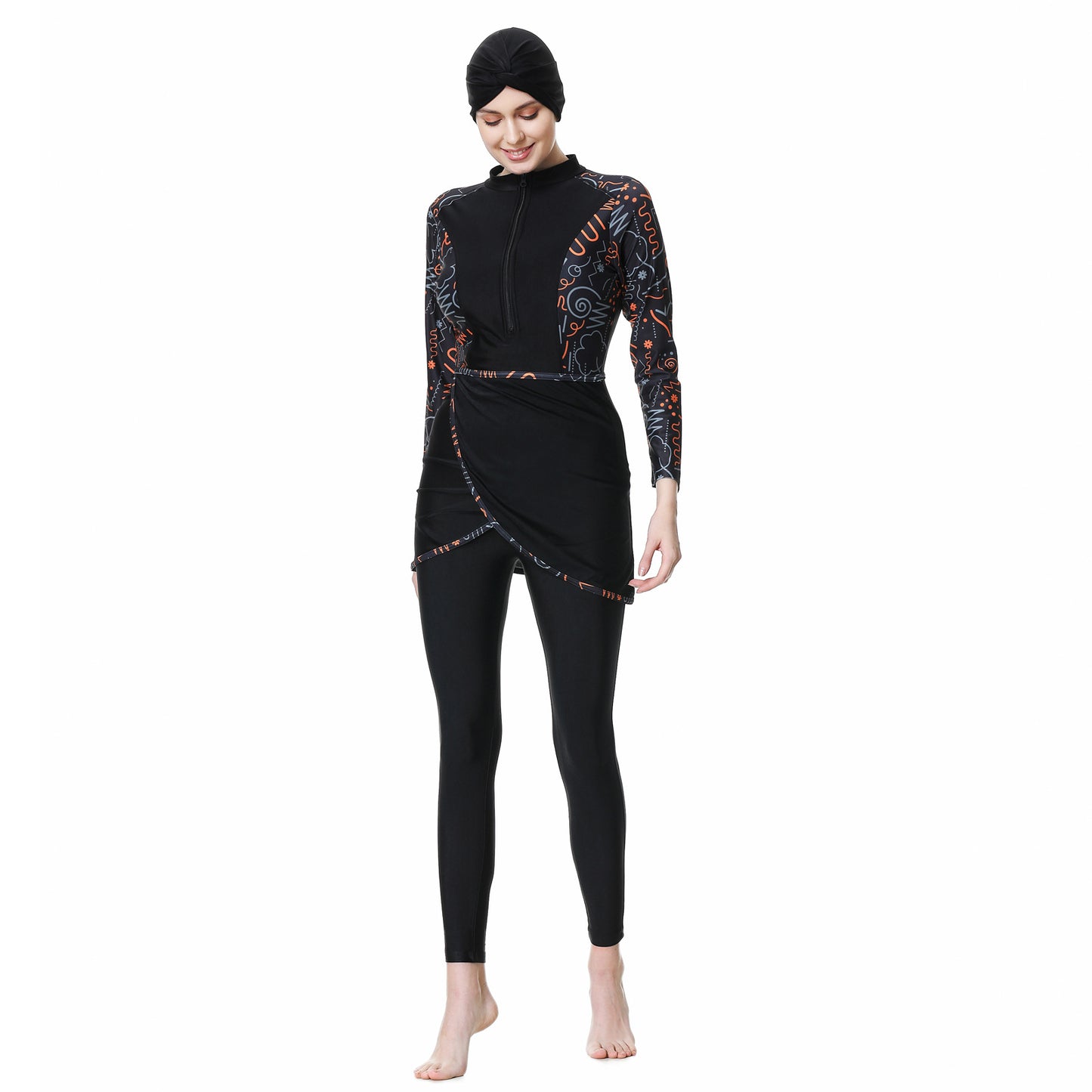 Printed Patchwork Pants + Top + Hat Three-piece Swimsuit Burkini