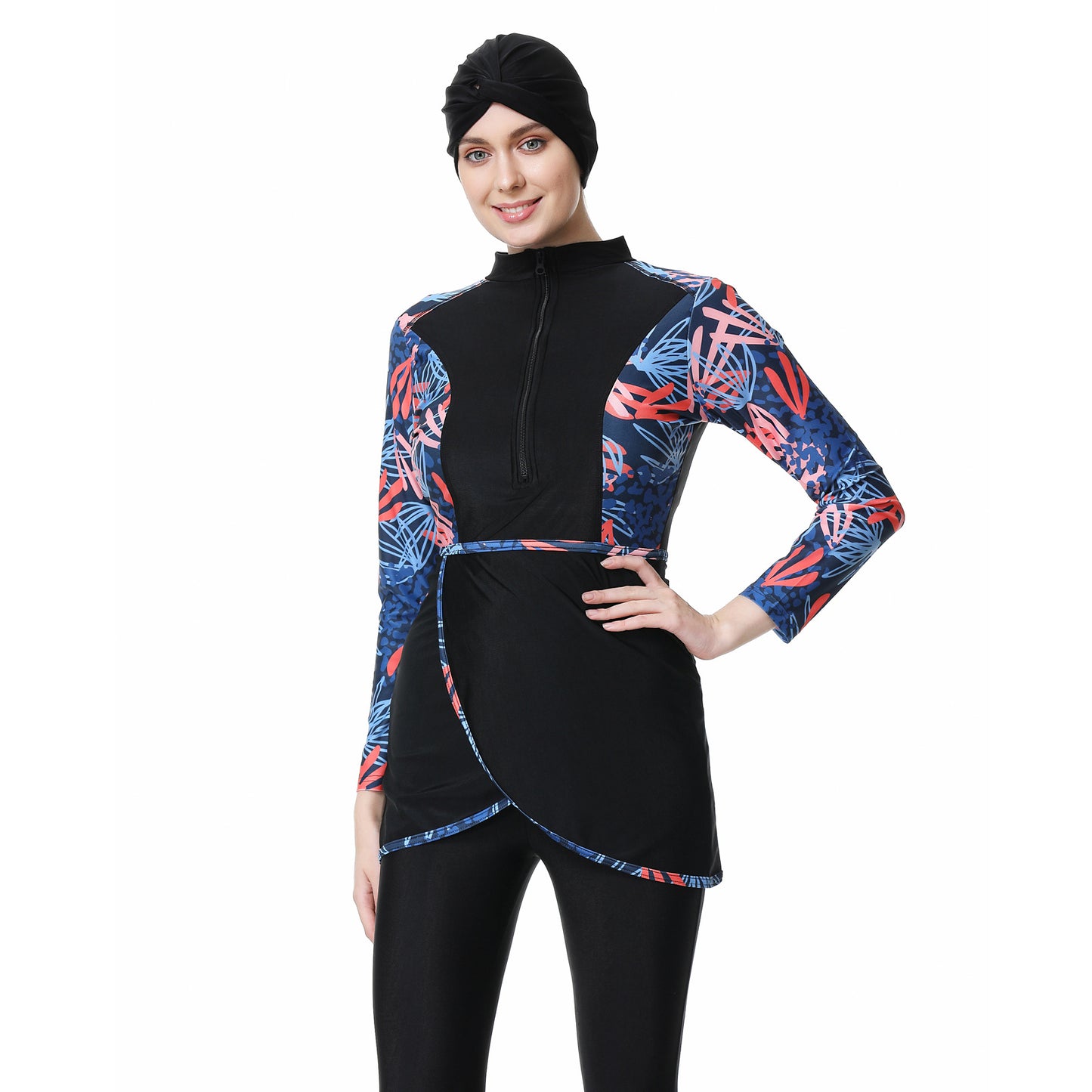 Printed Patchwork Pants + Top + Hat Three-piece Swimsuit Burkini