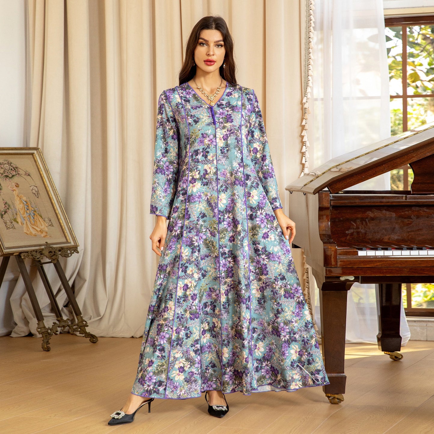 Women's Fashion Print Jalabiya Dress