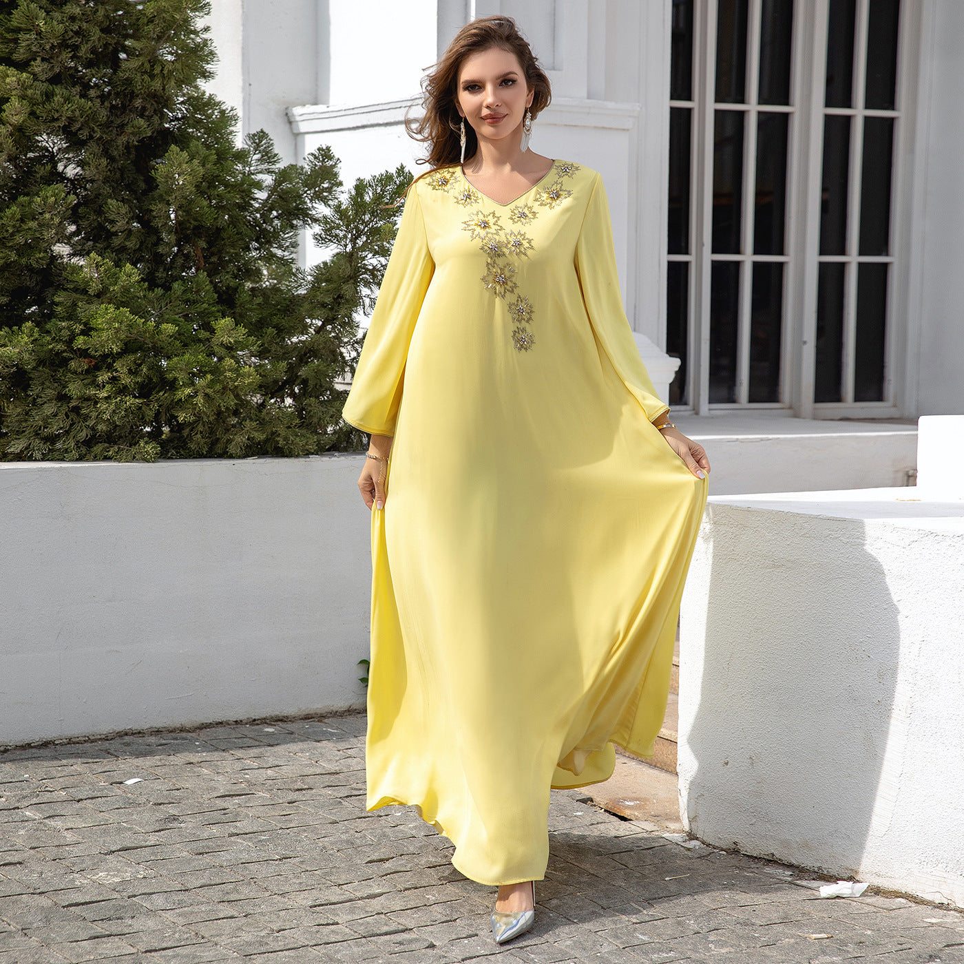 Women's V-neck Yellow Evening Dress