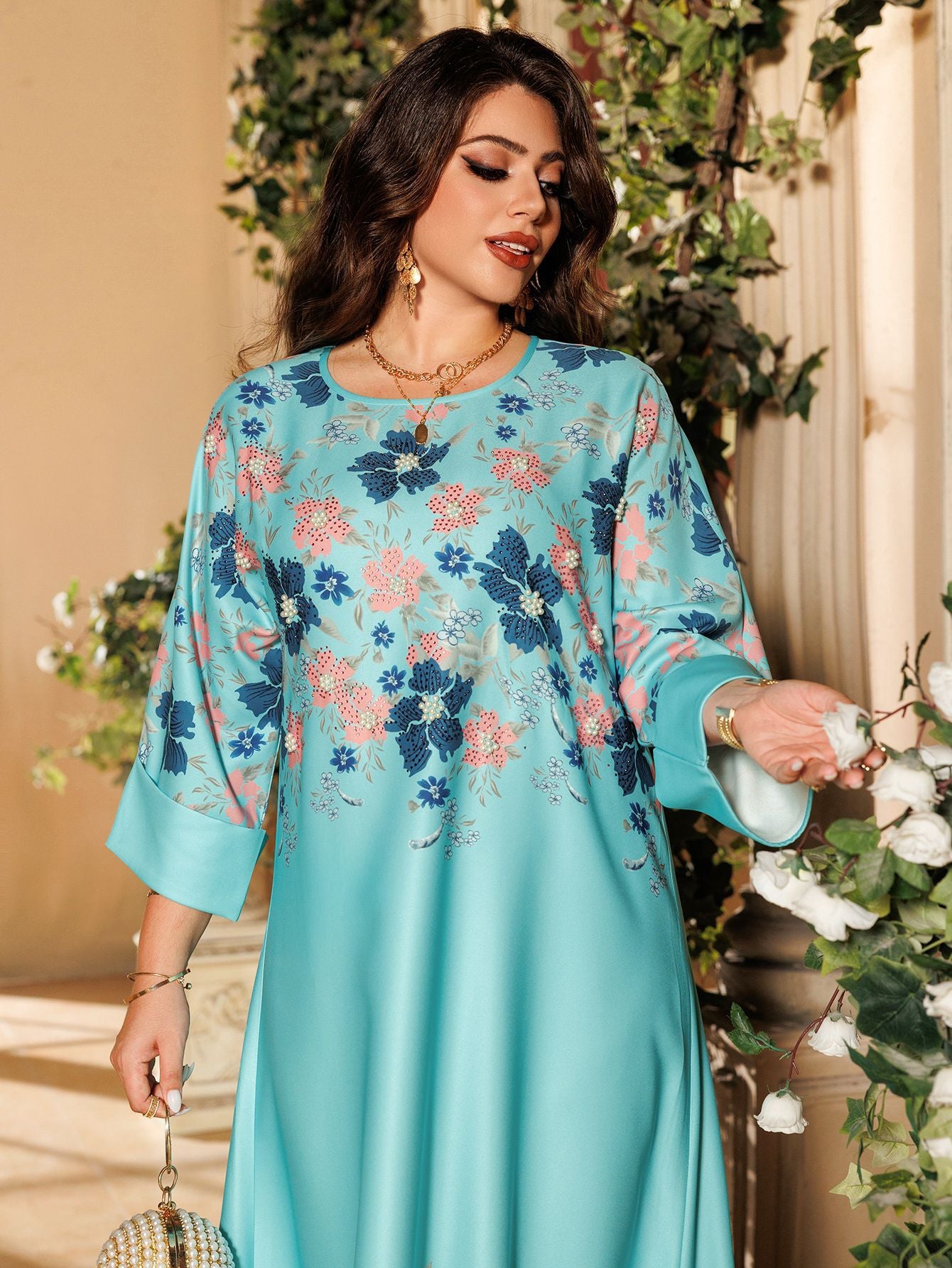 Women's Flower Hot Diamond Long-sleeved Dress