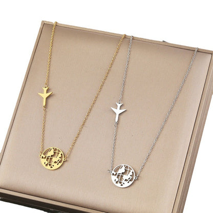 Stainless Steel Airplane and World Map Necklace