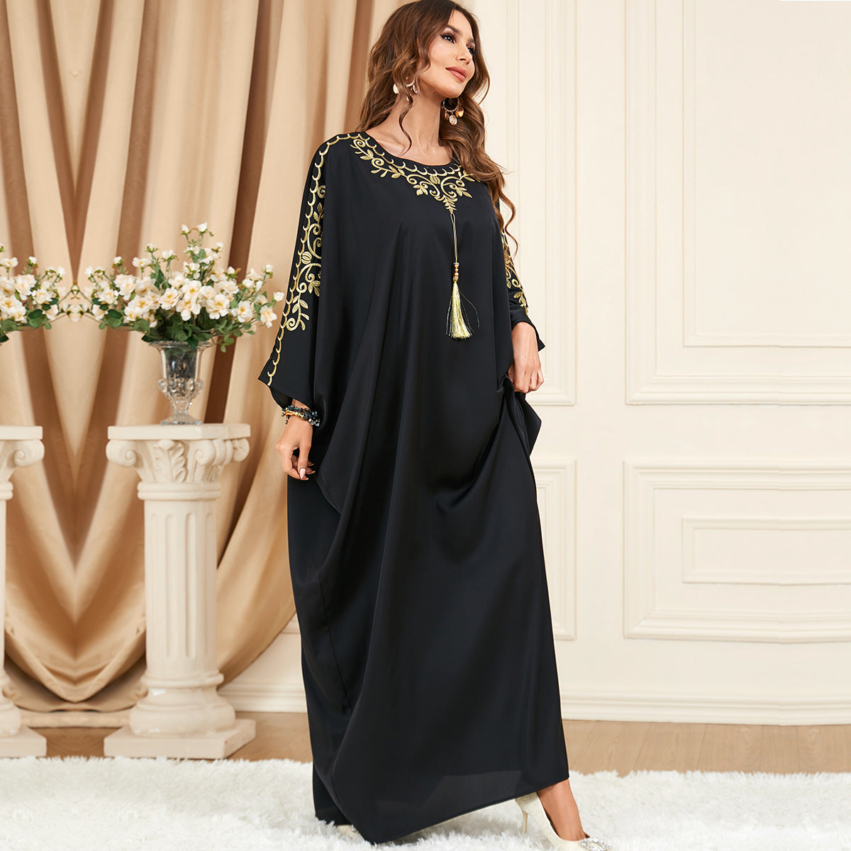 Women's Embroidered Patchwork Bat Sleeve Dress