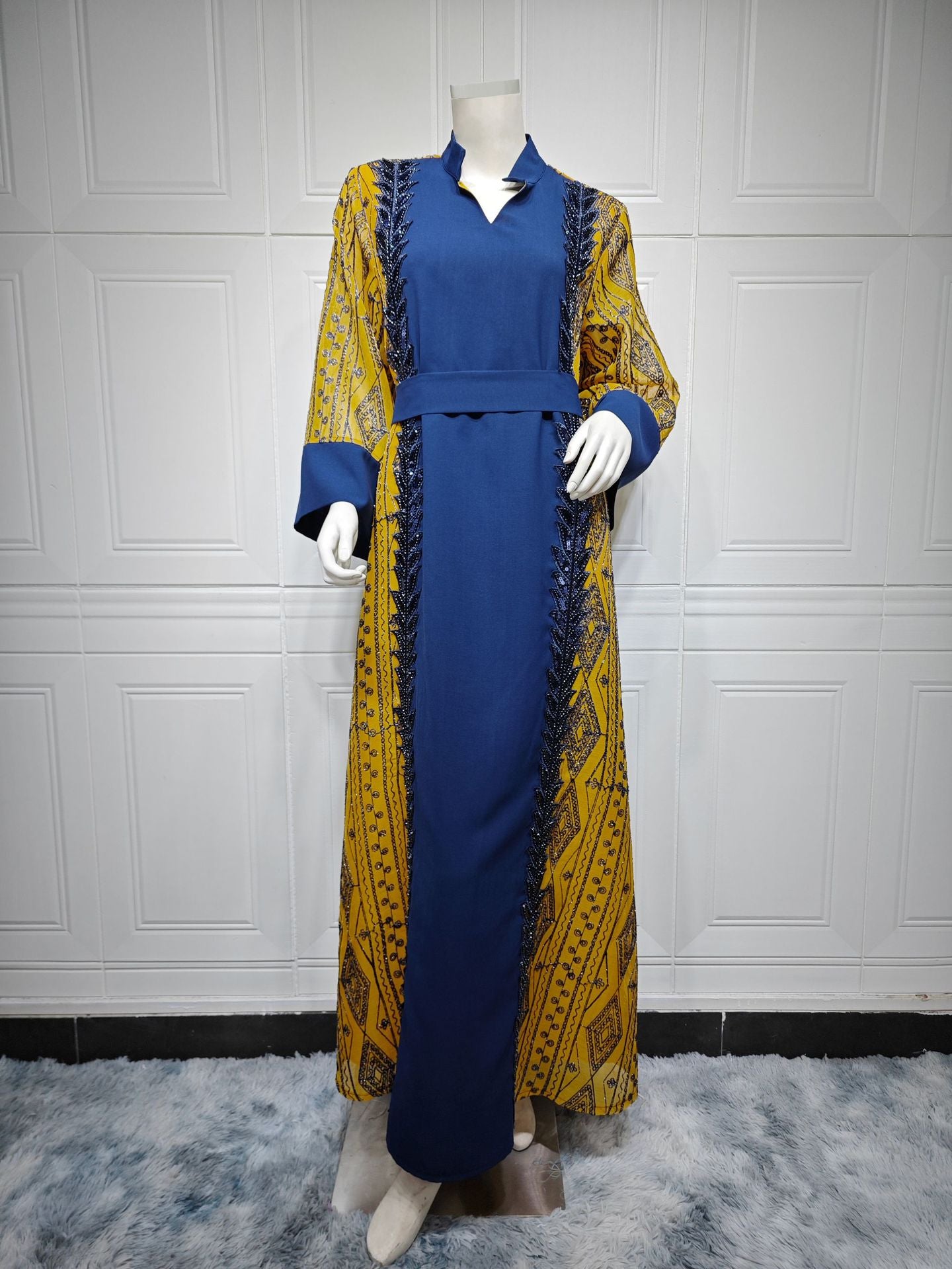 Colorblock Mesh Embroidered Beaded Muslim Dress