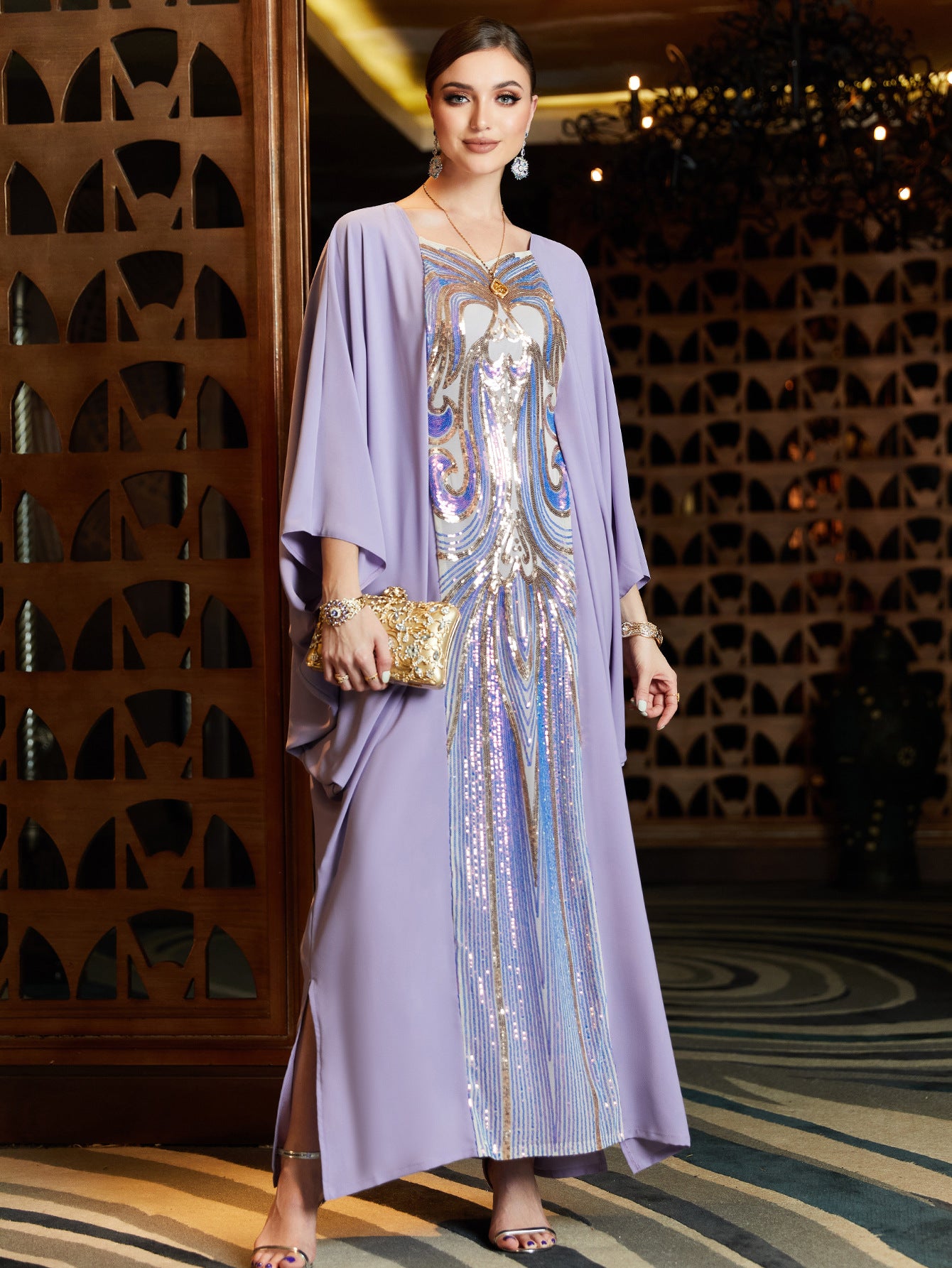 Sequin embroidered Cape Bat-shirt Abaya Party Dress