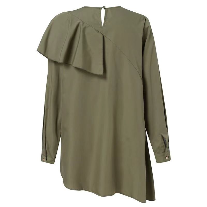 Ruffled Crewneck Solid Color Loose Long-sleeved Shirt