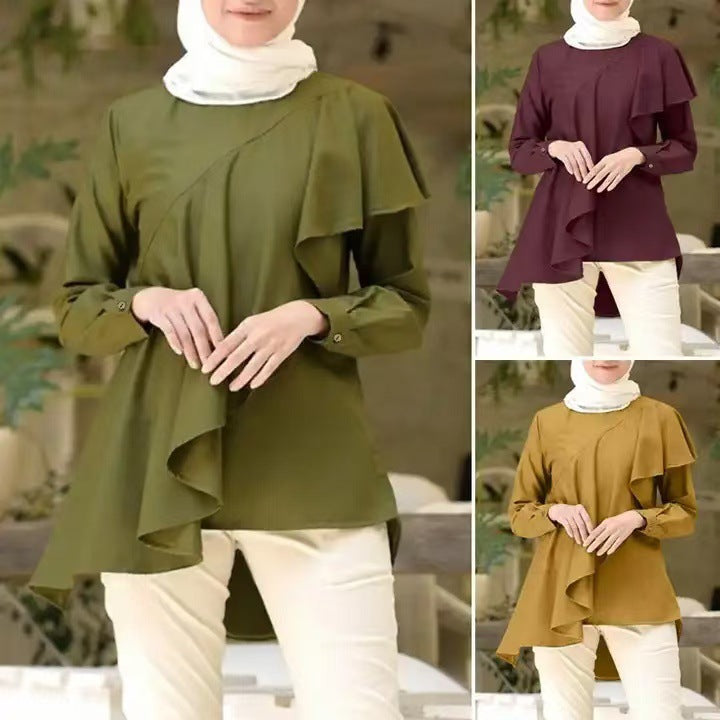 Ruffled Crewneck Solid Color Loose Long-sleeved Shirt