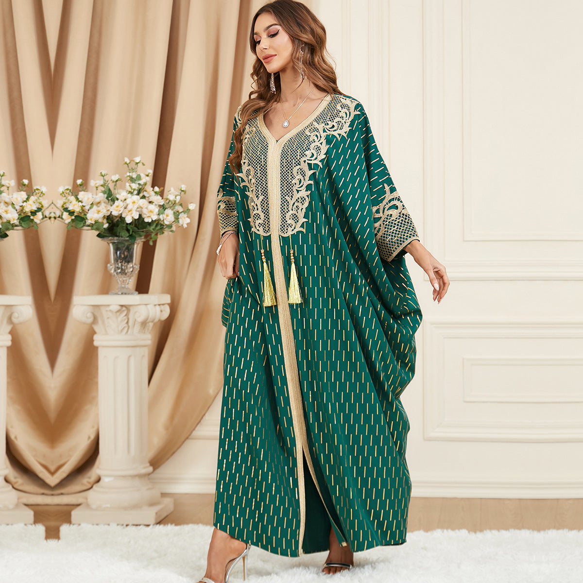 Muslim Green Stamped batwing Sleeve Patchwork Fringe Dress