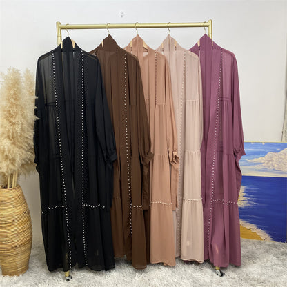 Solid Beaded Strappy Chiffon Cardigan Robe