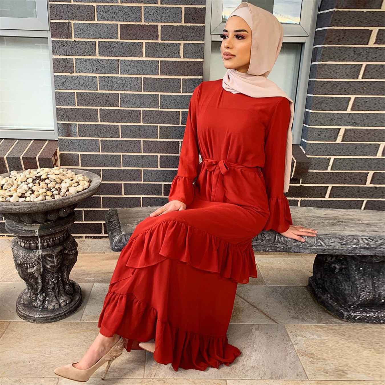 Plain Long Sleeve Ruffle Abaya Dress