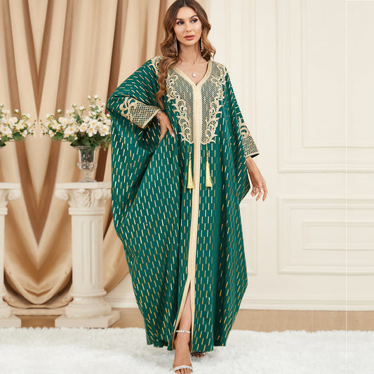 Muslim Green Stamped batwing Sleeve Patchwork Fringe Dress