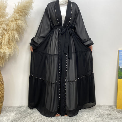 Solid Beaded Strappy Chiffon Cardigan Robe