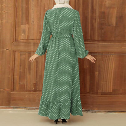 Vintage Polka Dot Print Long-sleeved Ruffle Dress