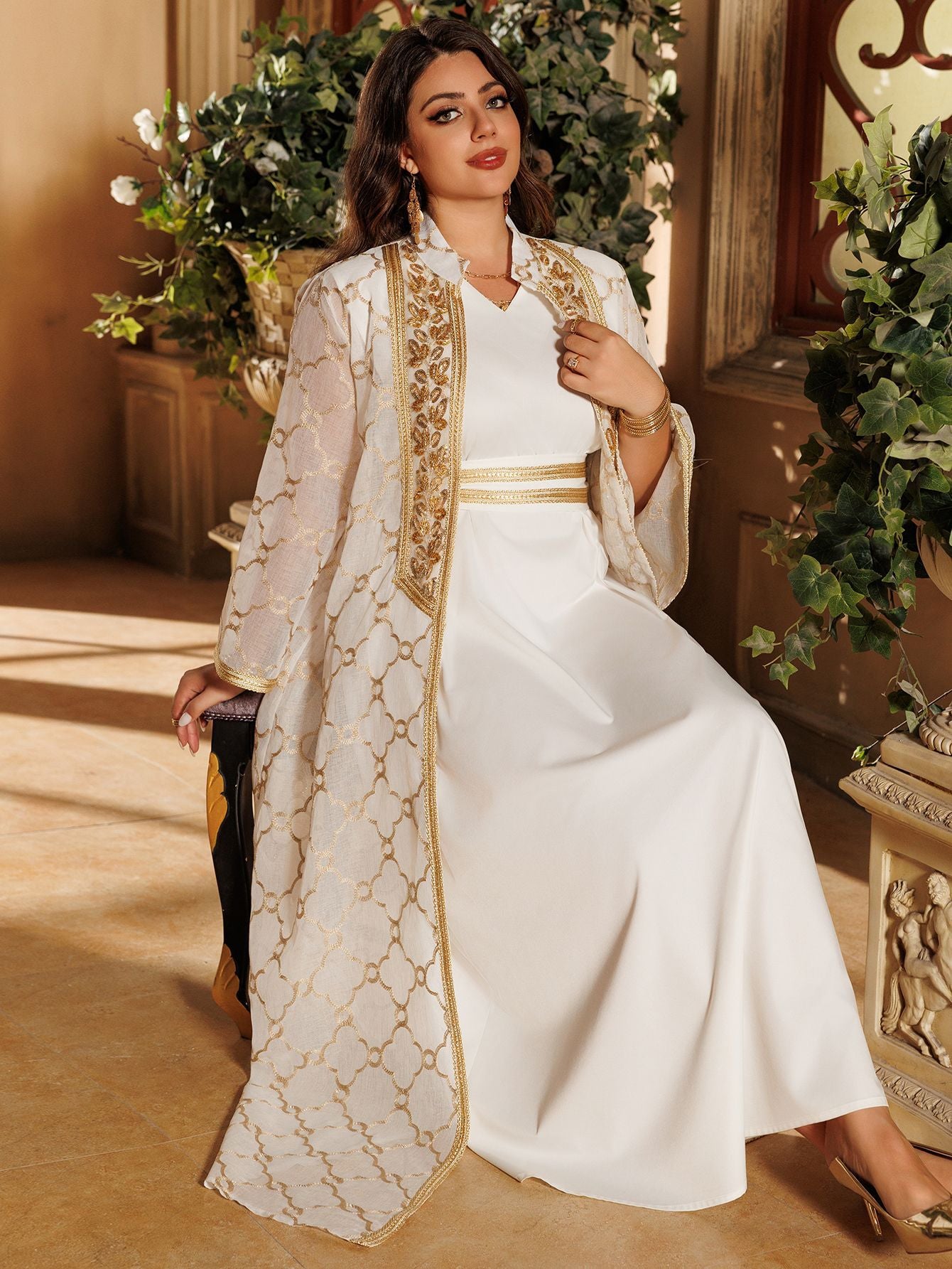 Women's Embroidered Vest Open Abaya Suit