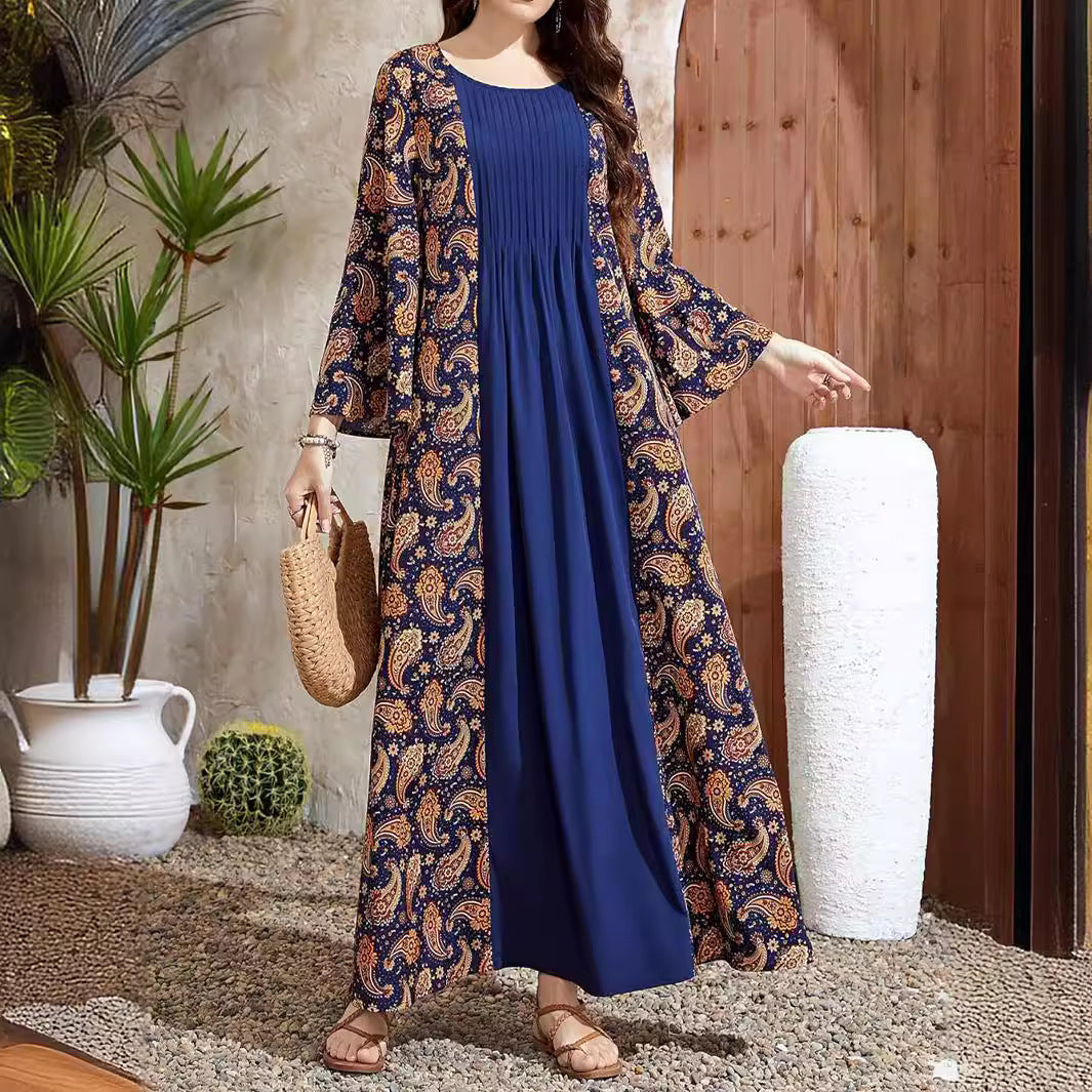 Women's Printed Casual Panelled Flared Sleeve Dress