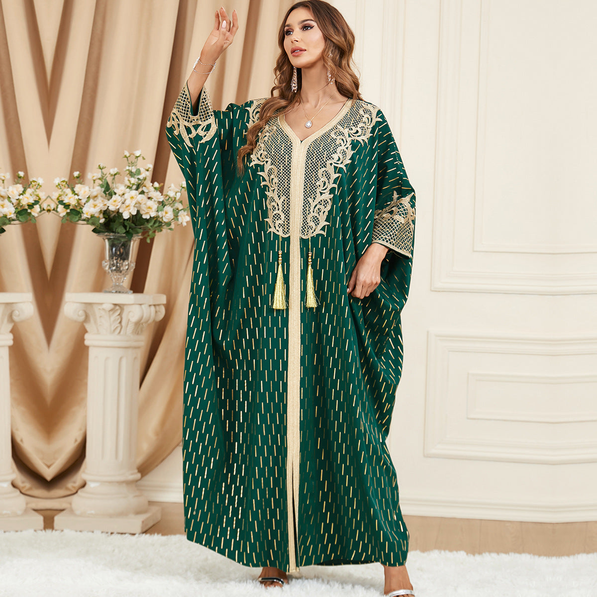 Muslim Green Stamped batwing Sleeve Patchwork Fringe Dress