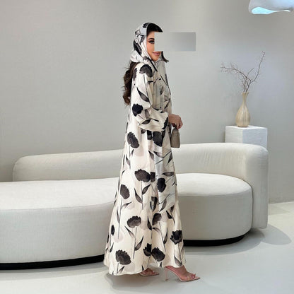 Women's Printed Robe Open Abaya with Hijab