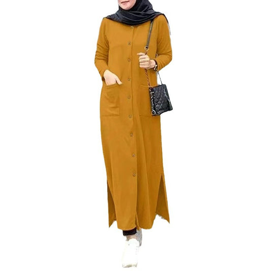 Women's Solid Color Shirt Dress Abaya with Pockets