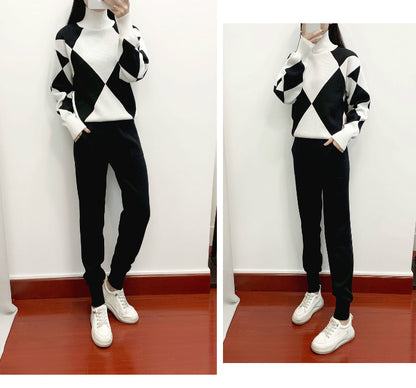 Women's Casual Knitted Plaid Sweater Two-piece Set
