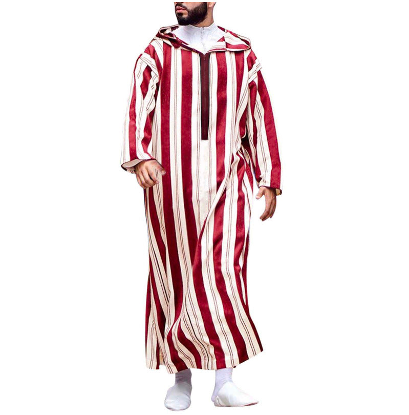Color-block Striped Long Muslim Thobe Hoodie