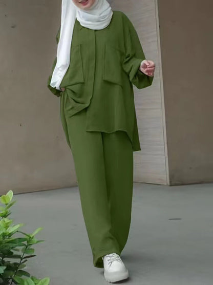 Women's Solid Color Trousers And Shirt Sets