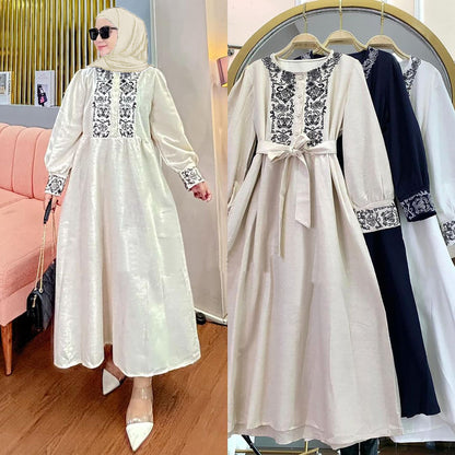 Women's Loose Cotton and Linen Embroidered Dress