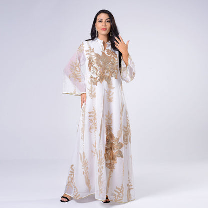 Women's Gold Beaded Embroidered Gauze Dress