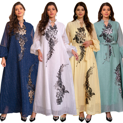 Floral Muslim Women's Embroidery Robe Dress