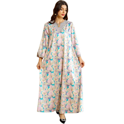 Women's Fashion Print Jalabiya Pink Dress