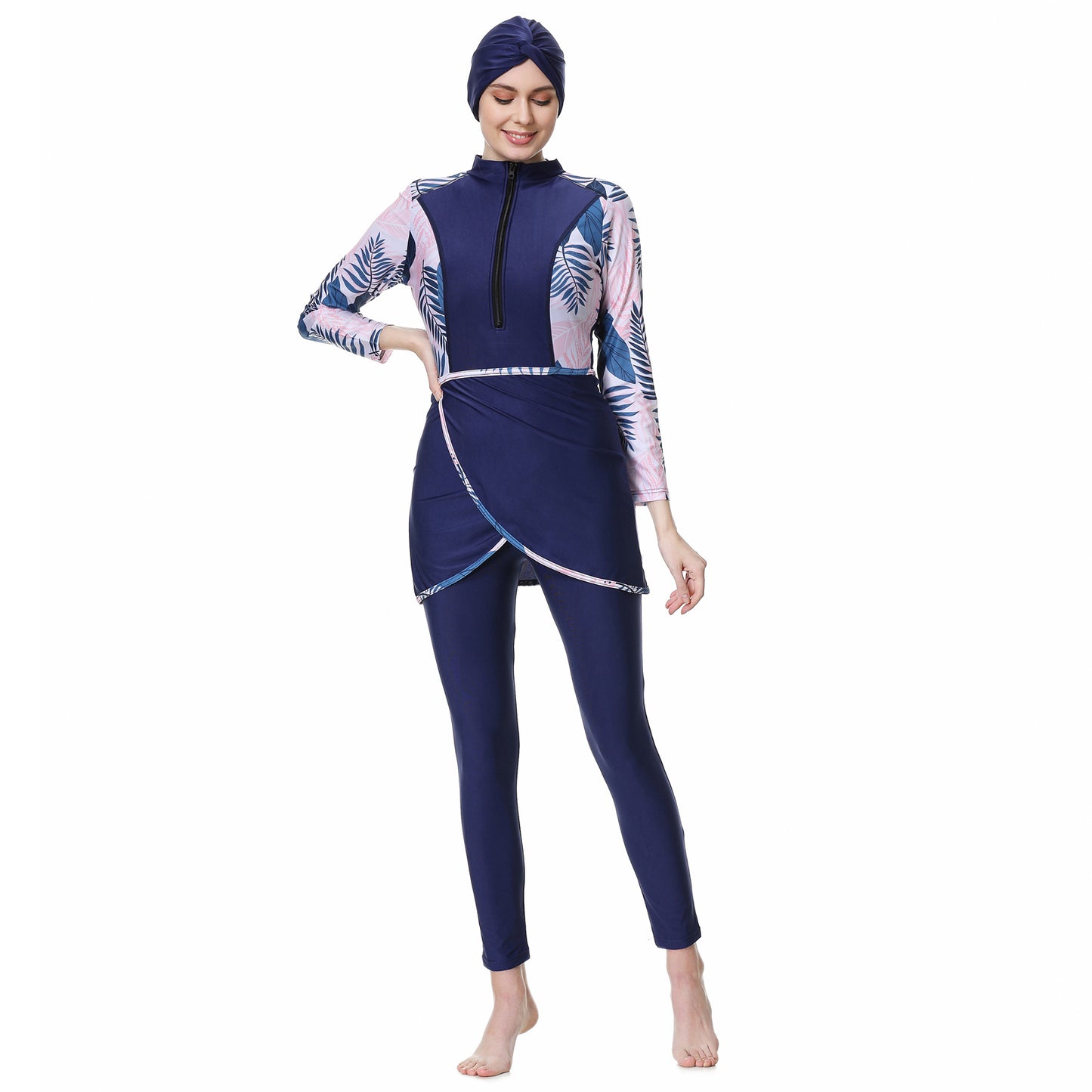 Printed Patchwork Pants + Top + Hat Three-piece Swimsuit Burkini