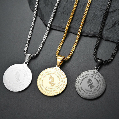 Stainless Steel Pendant Prayer Hand Medallion Necklace