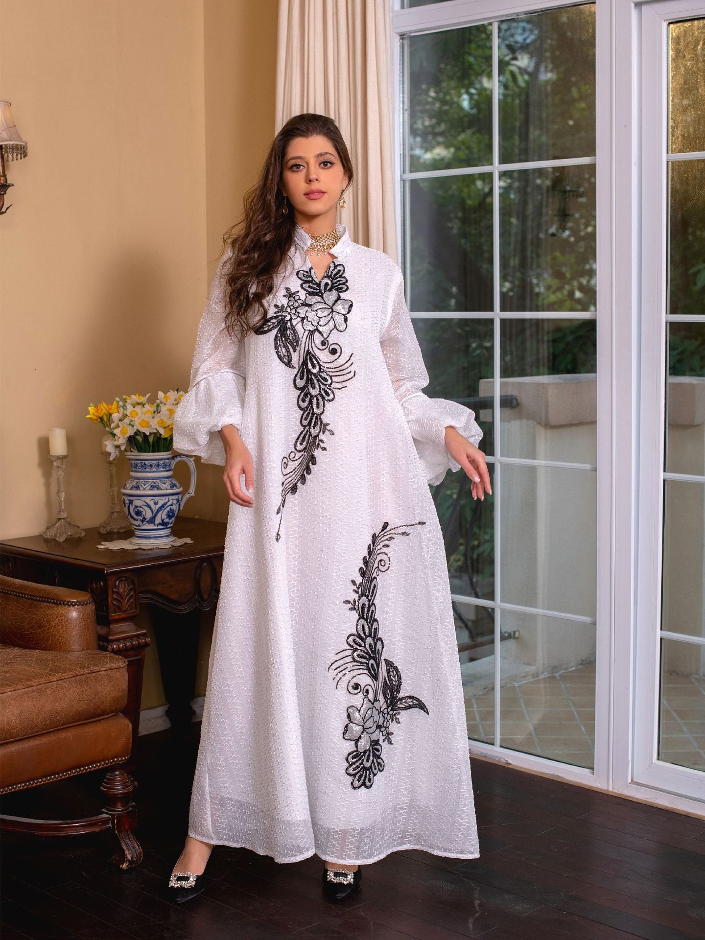 Floral Muslim Women's Embroidery Robe Dress