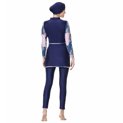 Printed Patchwork Pants + Top + Hat Three-piece Swimsuit Burkini