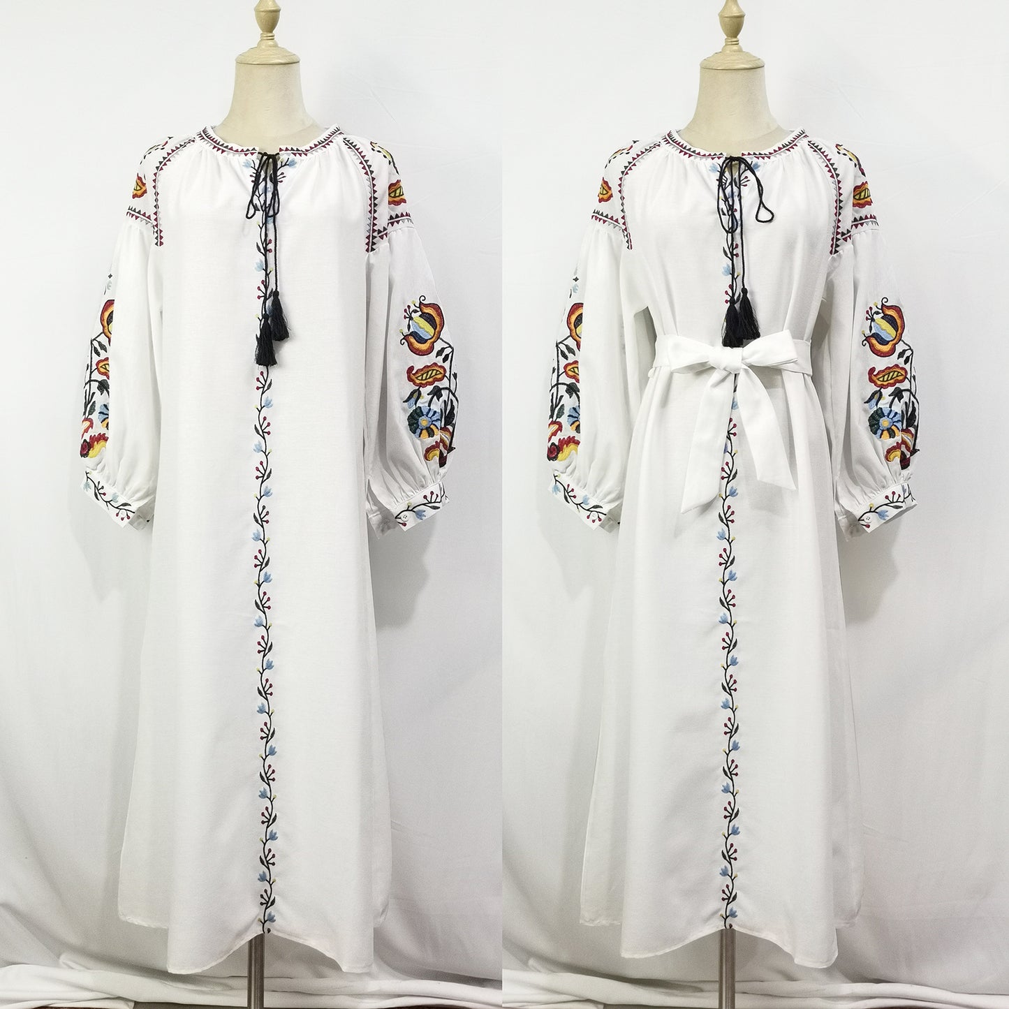 Women's Embroidered Tassel Cotton and Linen Dress