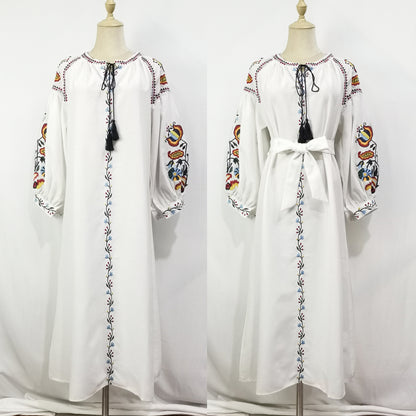 Women's Embroidered Tassel Cotton and Linen Dress