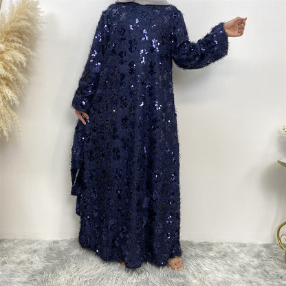 Sequin Fringed Crewneck Full Lining Maxi Dress