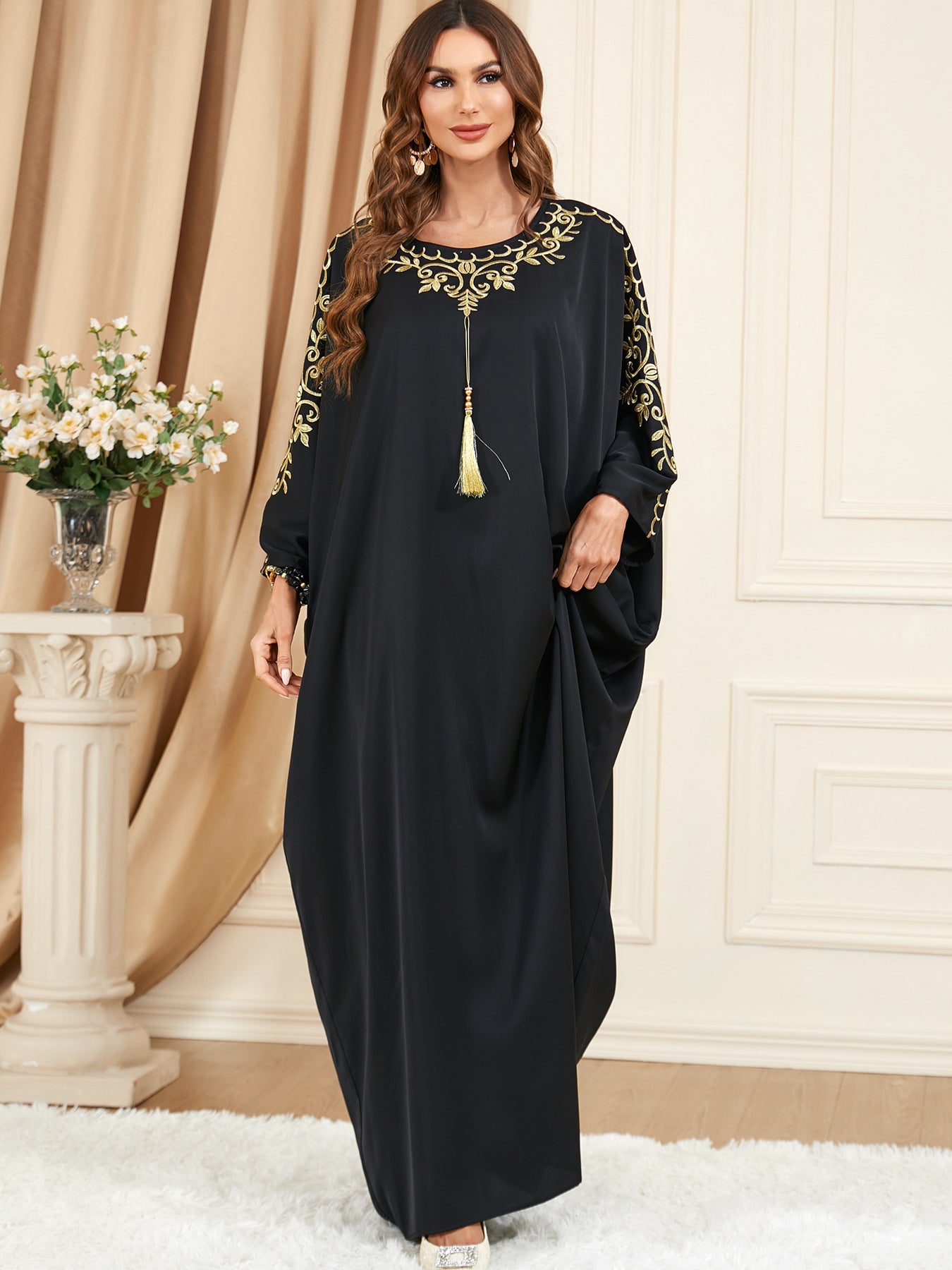 Women's Embroidered Patchwork Bat Sleeve Dress