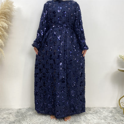 Sequin Fringed Crewneck Full Lining Maxi Dress